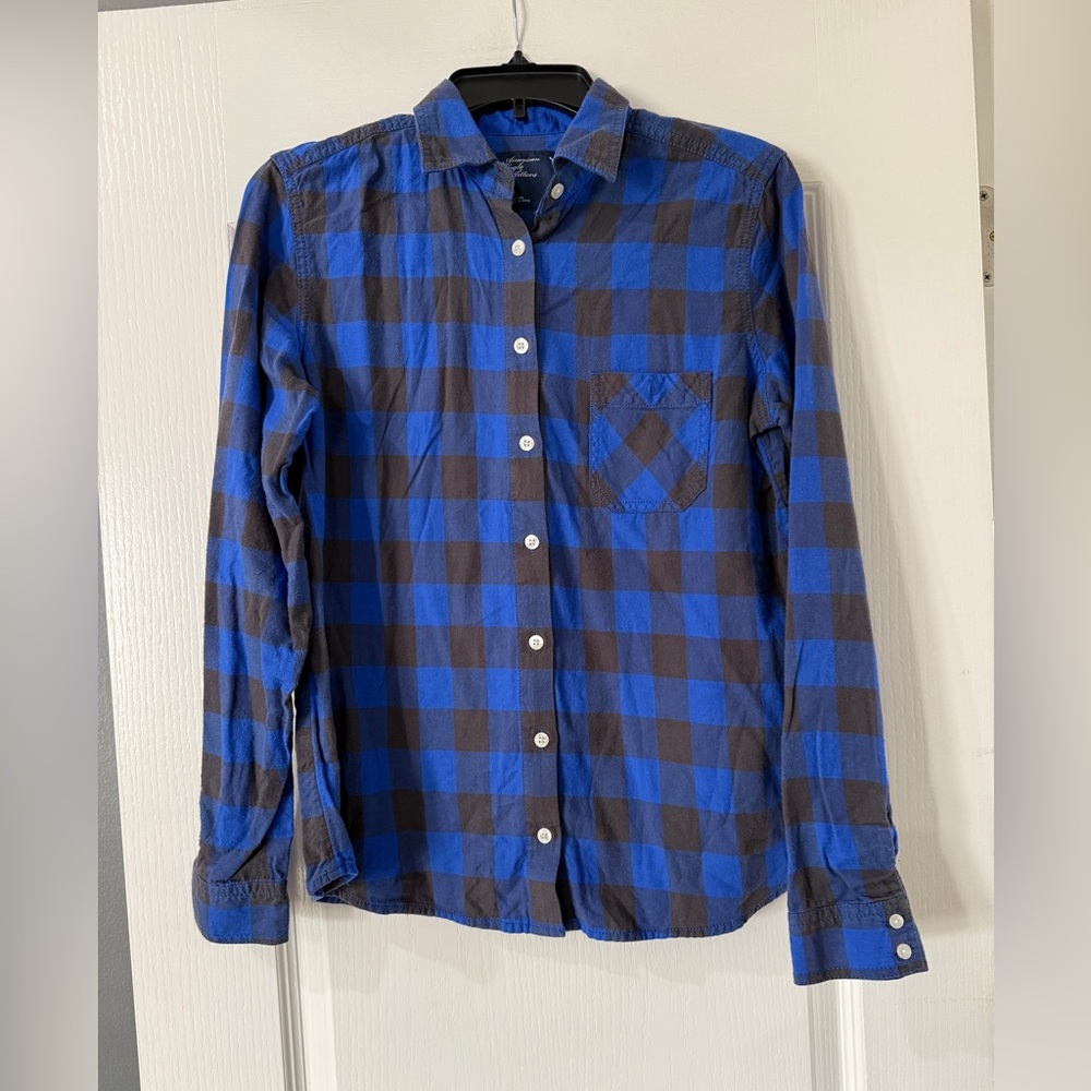 AE American Eagle Women's Blue Gray Plaid Flannel Shirt Size‎ 6